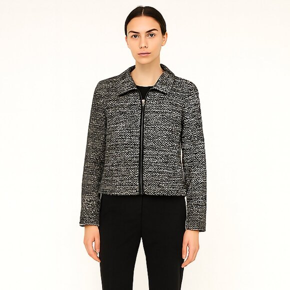 Ann Taylor Jackets & Blazers - Ann Taylor NEW Black White Textured Zip Blazer Jacket Faux Leather Trim Size 10